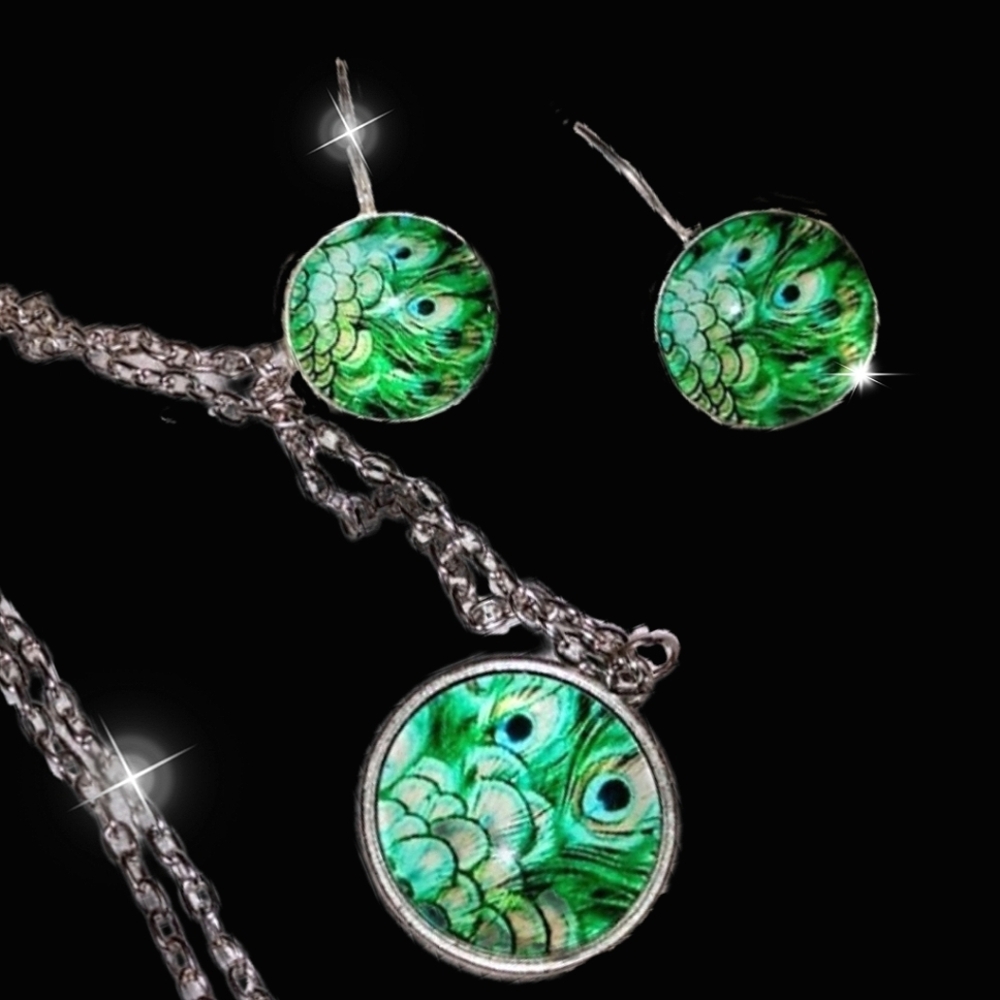 SET of 2: Peacock Earrings and Necklace